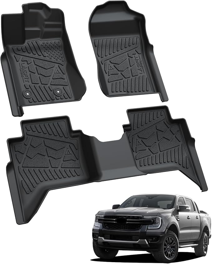 LASFIT Floor Mats for Ford Ranger 2026 2025 2024 SuperCrew Cab All Weather Truck Protector TPE Carpeted Floor Liners, Front and Rear Row, 3pc Black