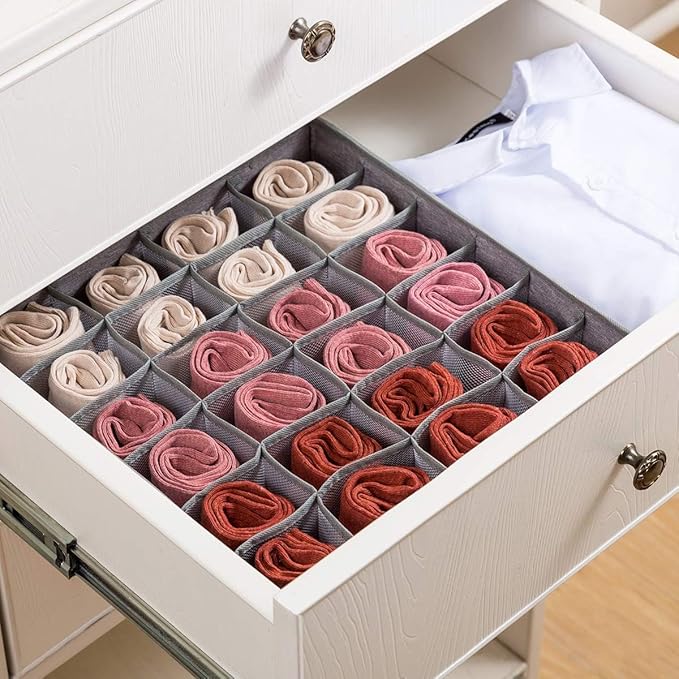 Qozary 2 Pack Socks Underwear Drawer Organizer Divider, 24 Cell or 16 Cell Collapsible Cabinet Closet Organizer Storage Boxes