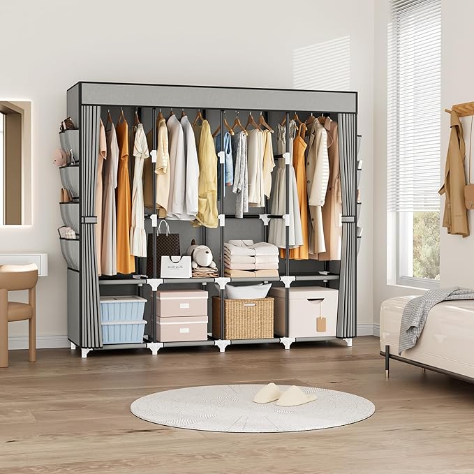 Portable Closet for Hanging Clothes, 67 Inch Wide Portable Wardrobe Closet with Cover, 4 Hanging Rod, Storage Shelves and Sid