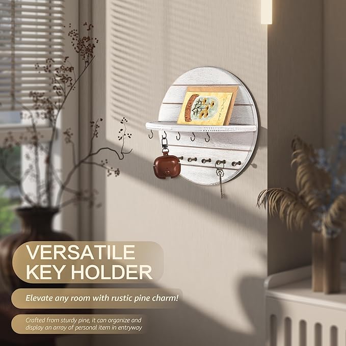 Rebee Vision Pine Wood Key Holder Wall Mount - 12 Inch Decorative Key Holder for Wall with Shelf and 11 Hooks - Farmhouse Mai