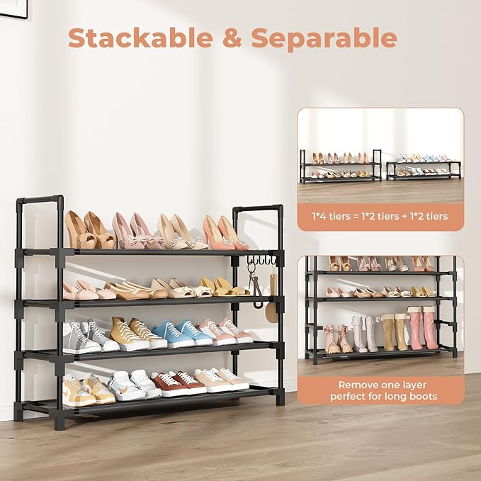 4 Tier Shoe Rack, Shoe Organizer Storage for 16-20 Pair Boot and Sneaker, Stackable Free Standing Shoe Shelf with Hooks and S