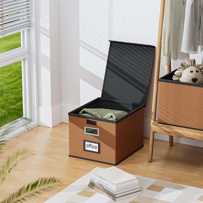 Huolewa Faux Leather File Organizer Box with Lid, Collapsible Hanging File Folder Box Organizer with Plastic Slides, Decorati