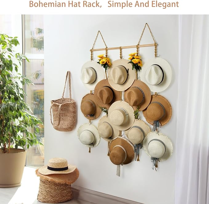 Macrame Hat Organizer Rack for Wall 15 Clips 31x66in Large Fedora Hat Hangers Display for Wide Brimmed Hat Holder Storage Boh
