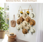 Macrame Hat Organizer Rack for Wall 15 Clips 31x66in Large Fedora Hat Hangers Display for Wide Brimmed Hat Holder Storage Boh