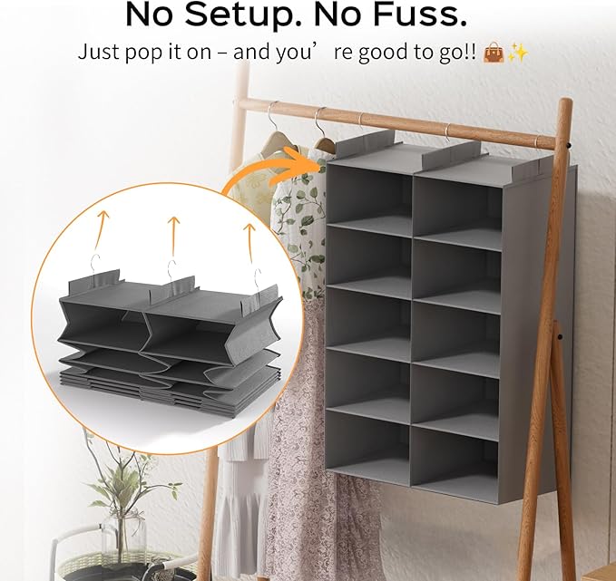 ALLTIDYUP Grey 5-Tier Hanging Closet Storage Organizer - Space-Saving Dual-Row Foldable Shelves with 3 Hooks, Wardrobe Organi