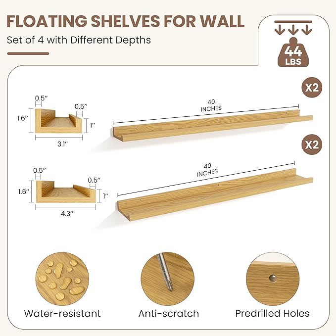 Fun Memories Picture Ledge Shelf, Floating Shelves Set of 4, 40 Inch Picture Shelves for Wall with Ledge, Large Nursery Book 