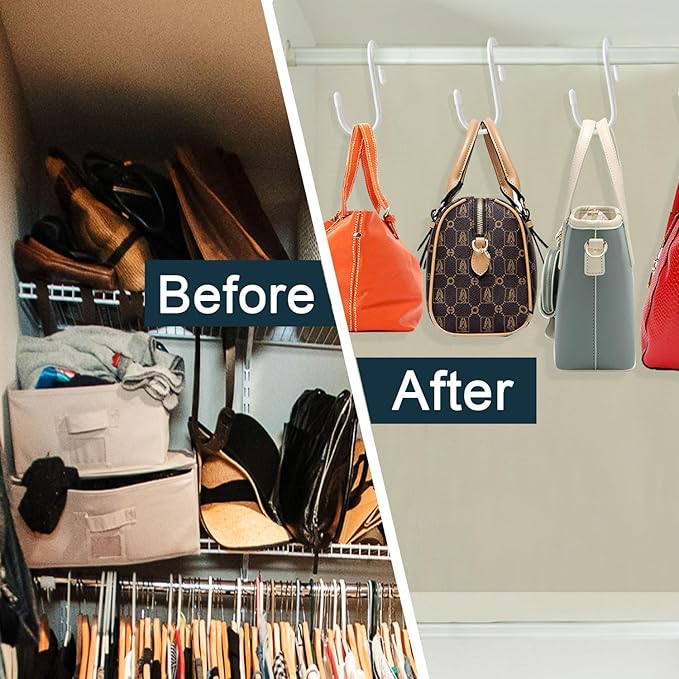 HiGift 12 Pack Purse Hanger for Closet, Unique Twist Design White Vinyl Coated Bag Hooks Organizer hanging, Large Closet Hook