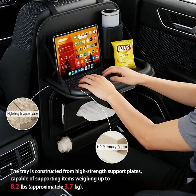 2 Pack Universal Premium Leather Foldable Car Backseat Organizer with Table Tray, Car Seat Back Protector with Garbage Bag Touch Screen Pad Holder, Car Kick Mats with Tissue Box (Black)