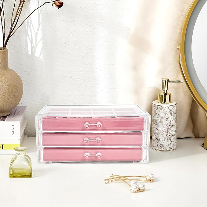 ProCase Earring Holder Organizer Jewelry Box with 3 Drawers, Acrylic Clear Earring Case with Adjustable Velvet Trays for Wome