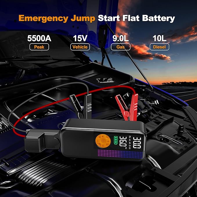 Jump Starter with Air Compressor,5500A Portable Car Battery Booster(All Gas & 10L Diesel) with 150PSI Cordless Auto Tire