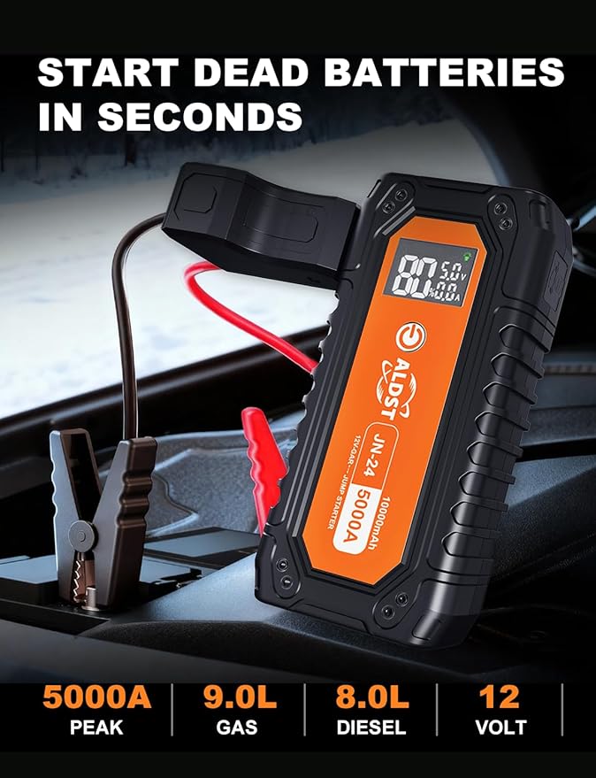 Car Battery Jump Starter 5000A, 45W PD Super Fast Charging Technology, 12V Portable Battery Jumper Booster Box with Cables