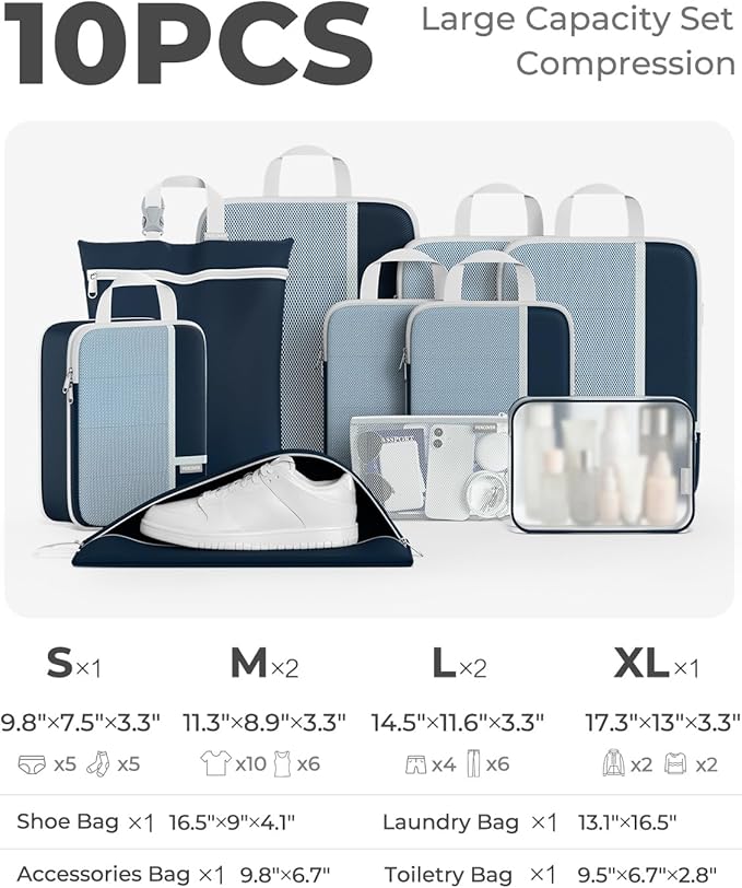 Percover Compression Packing Cubes 10-Piece Set, Packing Cubes Compression for Travel with Toiletry Bag, Laundry Bag & Shoe B