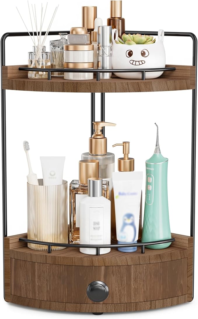 2-Tier Corner Bathroom Counter Organizer with Drawer & Embedded Screw Holes - Wooden Countertop Organizers for Skincare, Make