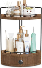 2-Tier Corner Bathroom Counter Organizer with Drawer & Embedded Screw Holes - Wooden Countertop Organizers for Skincare, Make