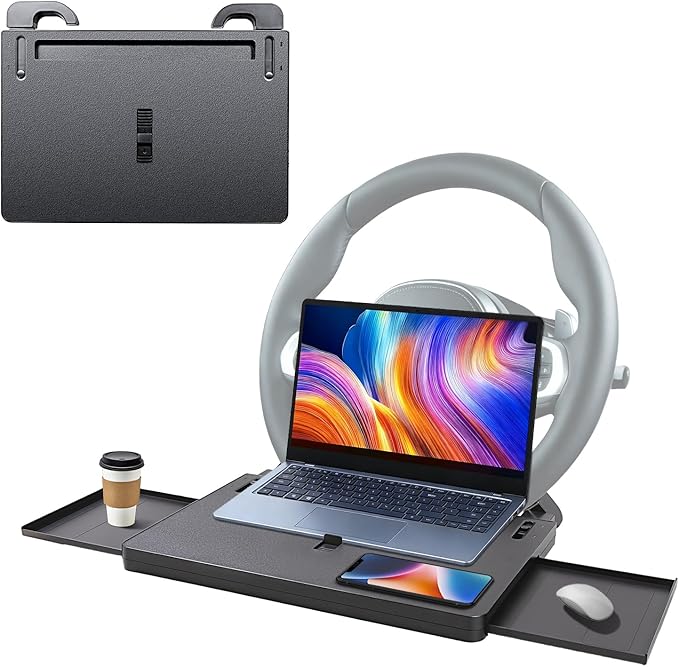 Car Steering Wheel Desk for Laptop, Portable Car Steering Wheel Tray for Eating & Work, Multipurpose Travel Car Table, Steering Wheel Mounted Desk (Parked Use Only)
