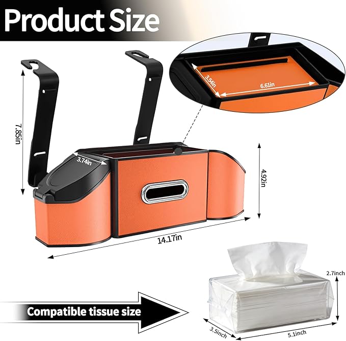 7-in-1 Car Seat Back Organizer, Headrest Storage with Cup Holder, Tissue Box & Trash Can, Fits Most Cars SUVs Trucks - Designed for USA Roads (Orange)
