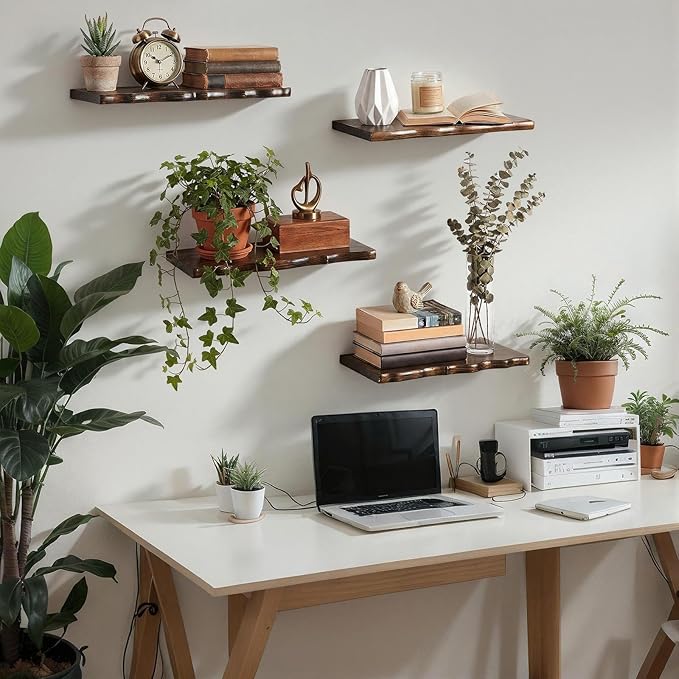 Pinkunn 4 Pcs Floating Shelves for Wall Rustic Wooden Floating Shelf Wooden Shelves for Bathroom Living Room Bedroom Kitchen 