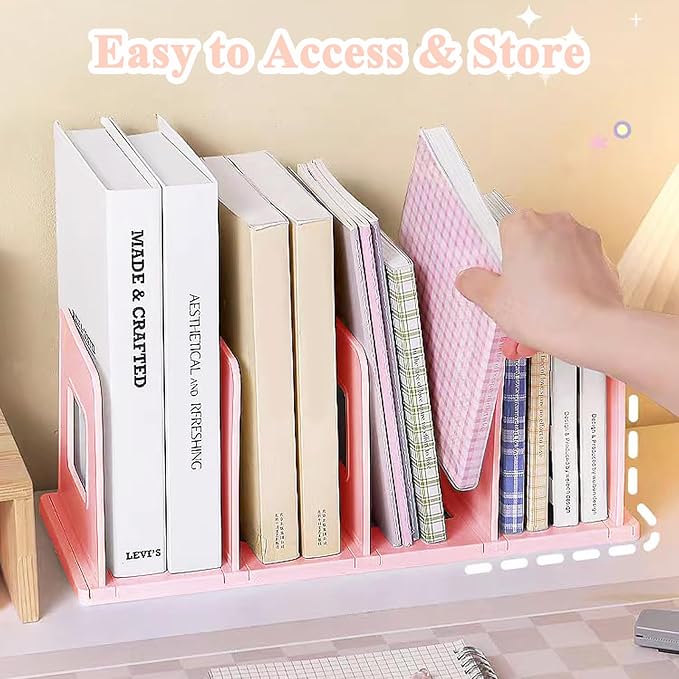 SAYEEC Desk File Sorter Vertical Desktop File Folder Organizer 4 Section Plastic Book Holder Adjustable Shelf Dividers Closet