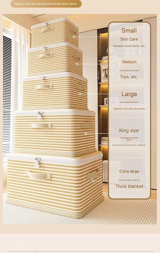 Foldable Storage Containers, Beige Striped Fabric Boxes with Lids, Stackable Closet Organizer Bins for Bedroom, Clothing Stor