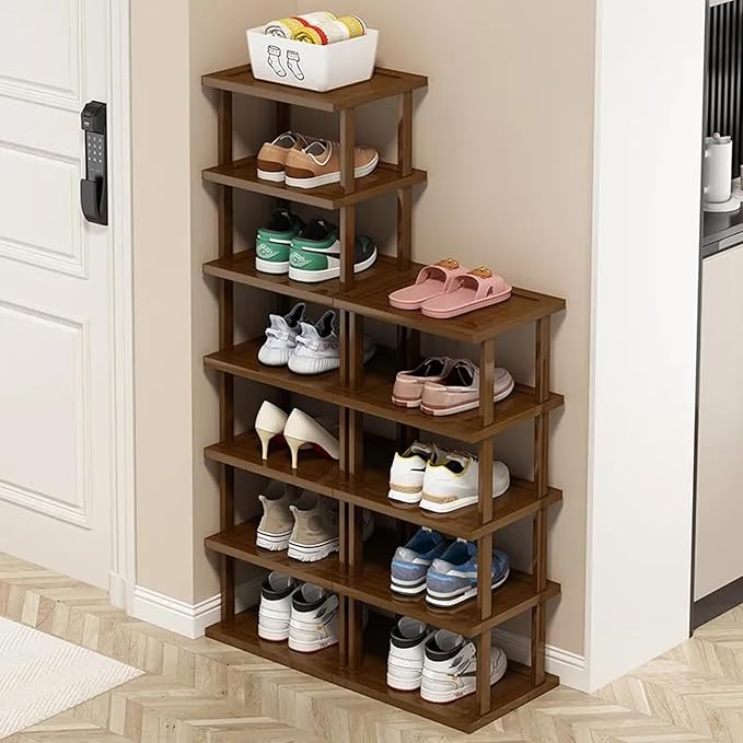 AFOORD Vertical Shoe Rack-Tall Narrow Shoe Rack Organizer for Small Spaces,12Tier Bamboo Shoen Shelf for Entryway,Closet,Corn