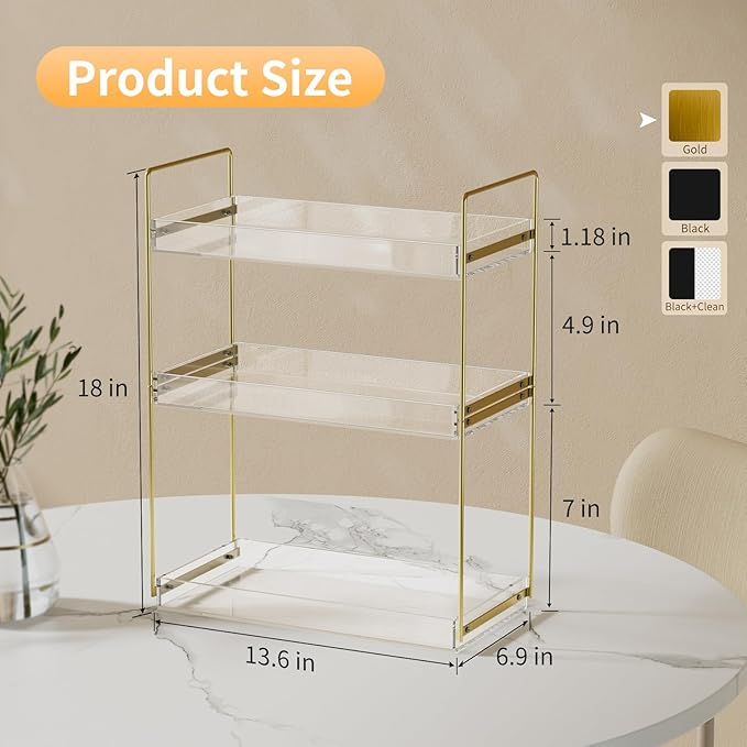 Bathroom Countertop Organizer, 3 Tier Acrylic Tray Vanity Counter Skincare Organizer Shelf, Kitchen Under Sink Standing Rack,