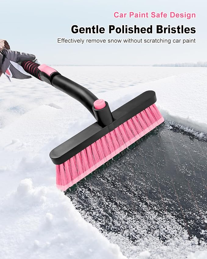 SEAAES Ice Scraper with Snow Brush for Car Windshield, Upgraded Extendable Snow Brush with Foam Grip for Truck SUV Vehicle Windows - Pink