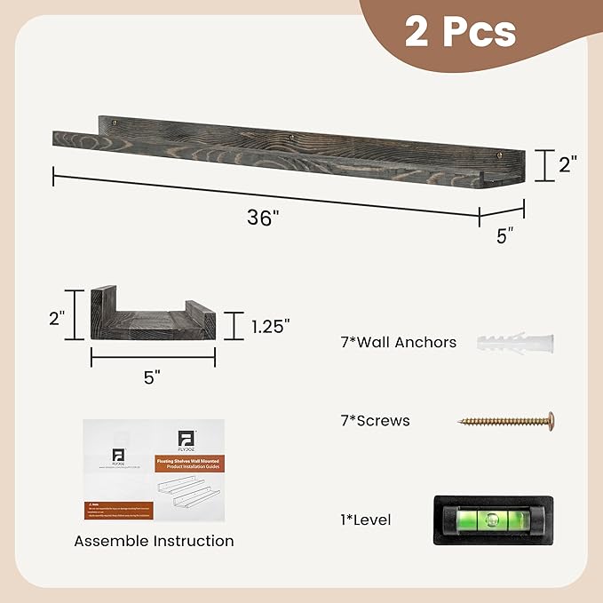 36 Inches Floating Shelves for Wall, Solid Pine Wood Picture Ledge Shelves, Wall Shelves with Lips, Nursery Book Shelves for 
