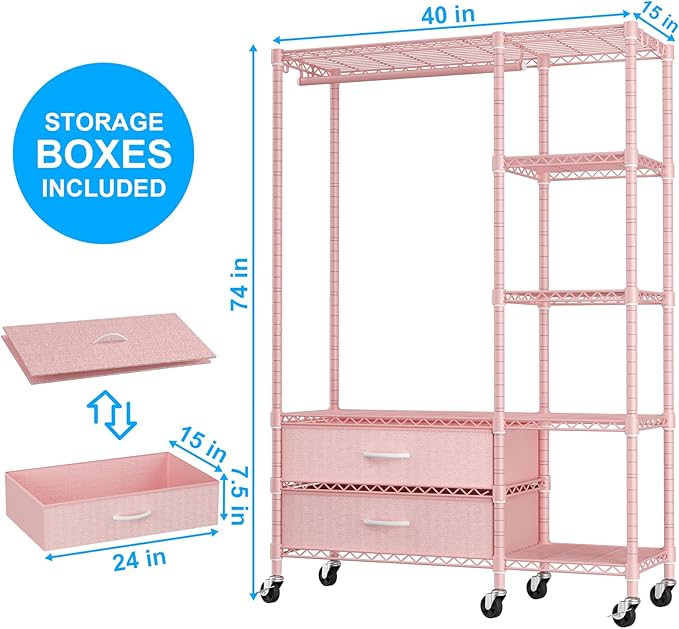 Ulif F3R Heavy Duty Clothes Rack（With Lockable Wheels）Freestanding Clothing Racks for Hanging Clothes，Adjustable Closet Organ