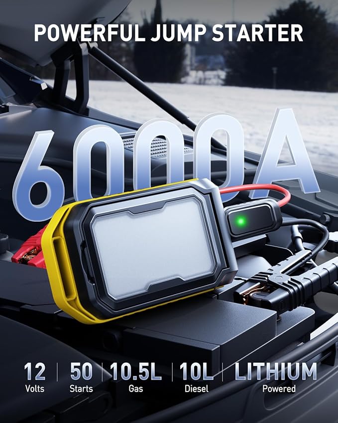 AUXITO Jump Starter: 6000A Car Portable-Battery Jumper Box with 4000LM LED Outdoor Camping Light and Power Bank Function Up
