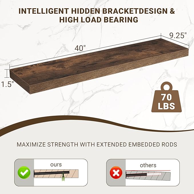 40 Inch Floating Shelves, 3D Textured Wood Grain, 40"x9.25"x1.5" Inch Deep Floating Shelves for Wall, Wooden Shelves for Bath
