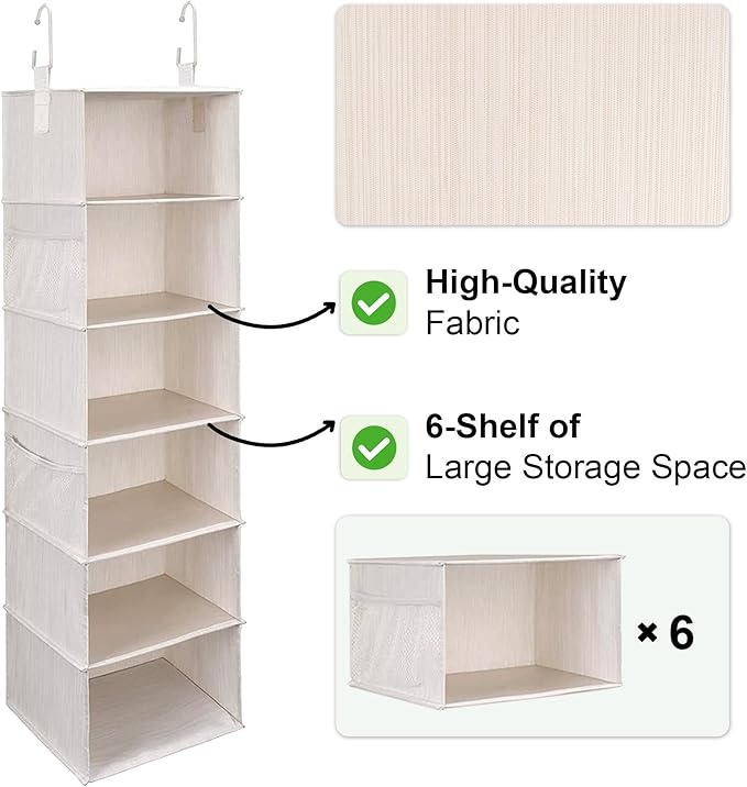 StorageWorks 6-Shelf Hanging Closet Organizer, Hanging Shelves for Closet, Fabric, Mixing of Beige, White & Ivory, 12" D x 12