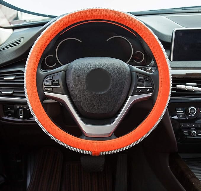 New Diamond Leather Steering Wheel Cover with Bling Bling Crystal Rhinestones, Universal Fit 15 Inch Car Wheel Protector for 