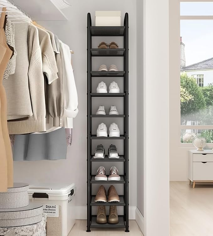 STO STO 10-Tier Narrow Shoe Rack with Sturdy Mesh Shelves, Slim Tall Metal Shoe Organizer for Entryway, Closet, Hallway, Hold