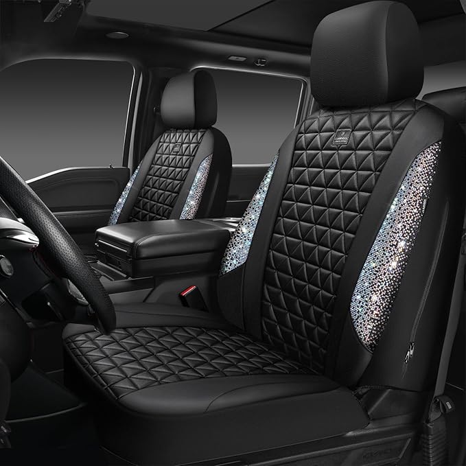 CAR PASS Bling Diamond Leather Car Seat Covers Full Seats Interior Sets, Waterproof Shining Glitter Sparkly Crystal Universal