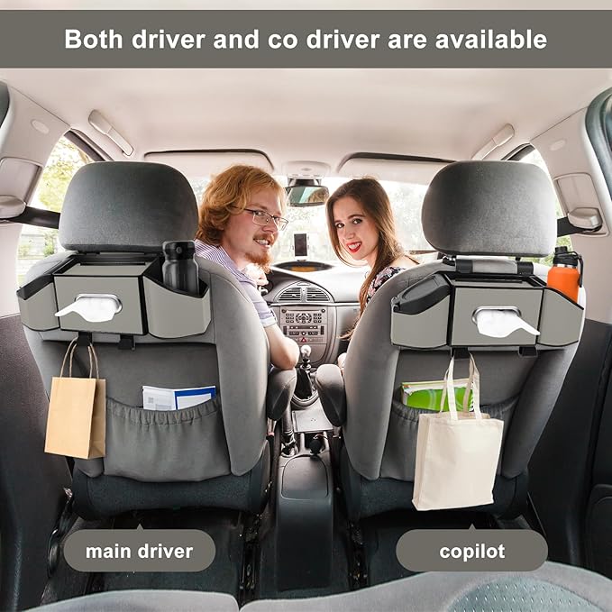 7-In-1 Car Seat Back Organizer with Cup Holders, Tissue Box, Garbage Can&Hooks, Multifunctional Headrest Storage Organizer, Headrest Cup Holder for Backseat, Car Accessories for Trips, Travels(Gray)