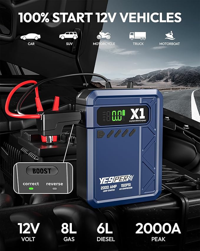 YESPER Jump Starter with Air Compressor 2000A 150PSI Battery Jumper Starter Portable(8L Gas/6L Diesel) 12V Car Jump Pack