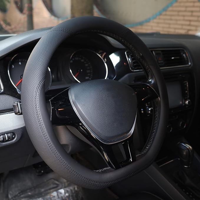 D-Shaped Steering Wheel Cover for Volkswagen VW Atlas Tiguan Jetta ID.4 Passat Taos Golf Beetle Polo GTI Touareg CC SEL SE R-line S Cross Sport Car Accessories, 14.5-15 inch Black