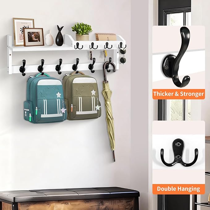 Coat Rack Wall Mount with Shelf, 27.5" Entryway Wall Hanging Shelf, Coat and Key Hanger with 10 Dual Hooks, Mail Organizer an