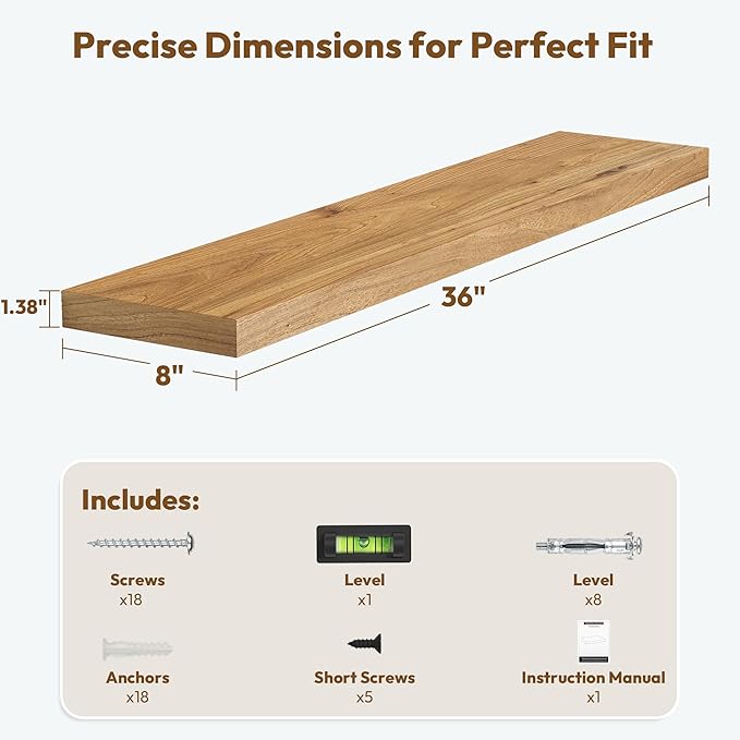 Vivelove Solid Wood Floating Shelves Set of 2, Elm Wood Wall Shelf with Invisible Bracket for Living Room Bedroom Bathroom Of