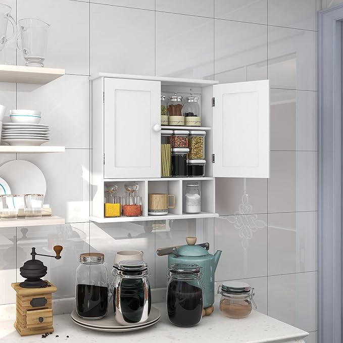 TaoHFE White Bathroom Wall Cabinet with 2 Door Adjustable Shelves,Over The Toilet Storage White Wall Mounted Medicine Cabinet