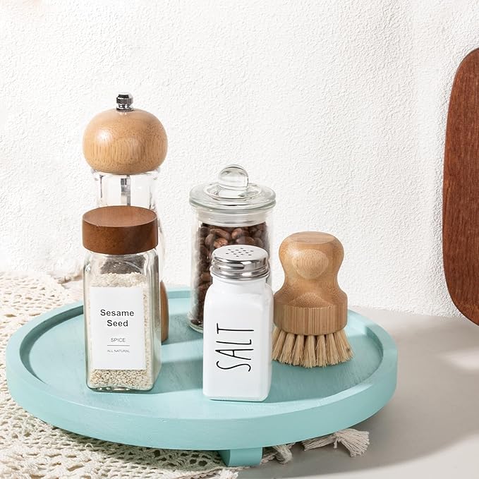Round Decorative Tray Wood Bathroom Counter Organizer Farmhouse Kitchen Decor Wooden Riser for Soap Dish, Perfume, Candle, Sp
