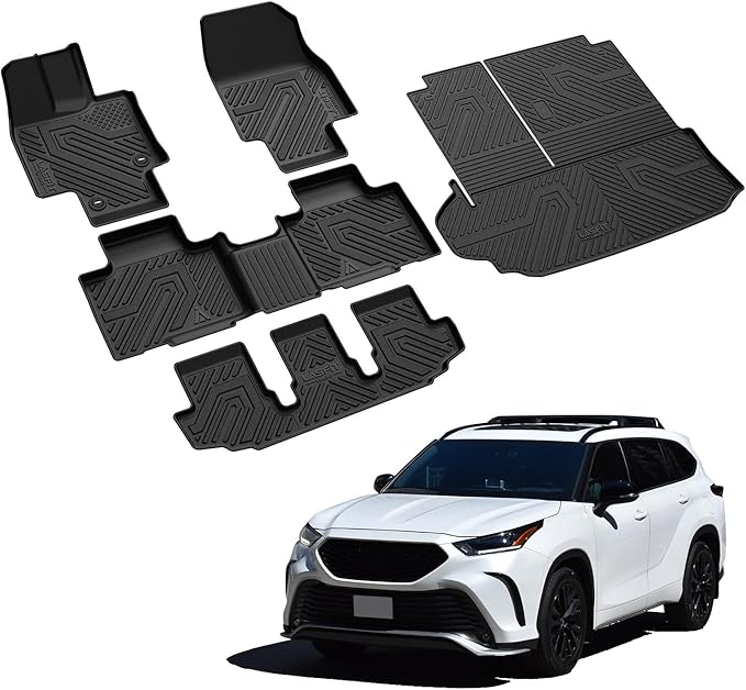LASFIT Floor Mats & Cargo Mat for Toyota Highlander 2020-2026 (Fit Hybrid, 7&8Seats), All Weather Fit TPE Floor Liners, 3 Rows & Cargo Liner Back Seat Cover for Highlander car mats(Not Subwoofer)