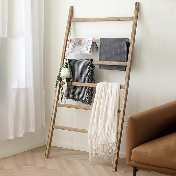 FUIN Extra Wide 6.4ft Wooden Blanket Ladder Living Room Decorative Wal Leaning Farmhouse Quilt Display Holder Rustic Wood Tow