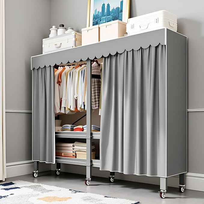 Heavy Duty Portable Wardrobe, Metal Foldable Covered Clothes Rack, 1500LBS, Freestanding Closet System Rolling Garment Rack, 