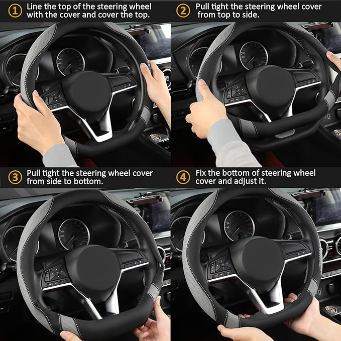 West Llama Flat Bottom Car Steering Wheel Cover for Nissan,D Shaped Steering Wheel Cover for Rogue,Altima,Kicks (Black+Gray-S