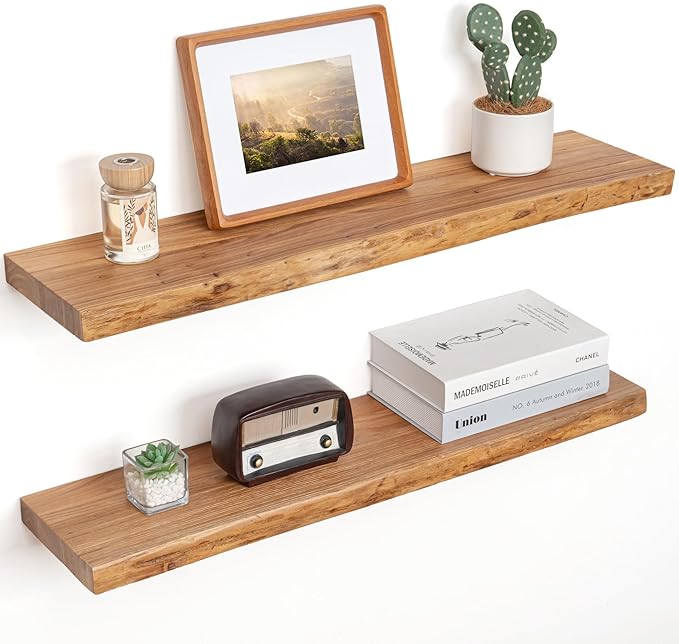Floating Shelves for Wall Decor, Rustic Solid Elm Wood Live Edge Floating Shelves Wall Mounted, Wall Shelves with Invisible B
