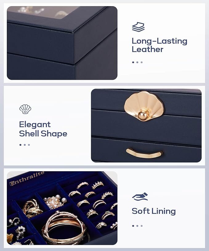 Enthralite Jewelry Box with 2 Drawers: Display Organizer for Earrings Necklaces - Gifts for Girls Women (Dark Blue)