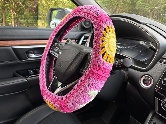 Handmade Crochet Sun and Moon Car Steering Wheel Covers Universal 14-15 inch for Women and Men (A,Steering Wheel Cover)