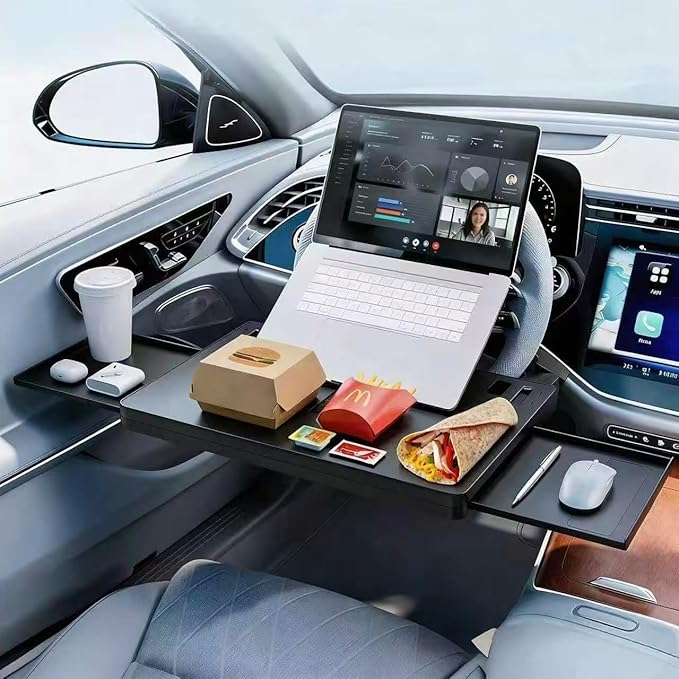Steering Wheel Tray with Expandable Surface – Car Desk for Laptop, Universal Car Tray with Tablet Holder, Car Accessories for Writing/Laptop/Dining/Work