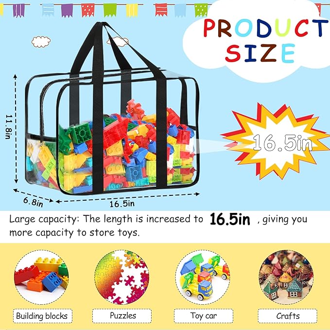 6 Packs XXL Toy Storage Bags 16.5×11.8×6.8In with Labels, Large Capacity Reusable Clear PVC Board Game Storage, Travel Waterp